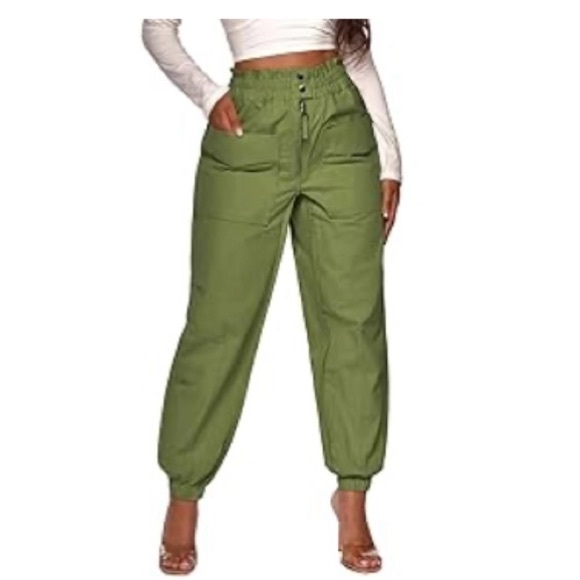Dressmecb Pants - Elastic High Waisted Trouser Paper Bag Pants